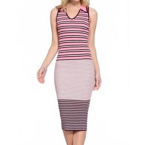NEW ACTIVE BASIC sleeveless v-neck multi stripe midi sweater dress in pink/merlo